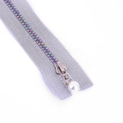 China Wholesale Metal Open Tail Bead Pull Metal Cloth With Long Chain Zipper Custom Plated Resin Colored Dental Zipper for sale