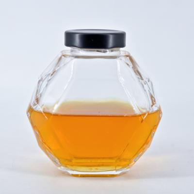 China Hexagon Honey Jar 220ml 380ml 500ml 500g Eco-friendly Recyclable Cheap Honey Bottle With Screw Metal Lid for sale