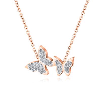 China 2019 Hot Selling Rose Gold Plated CZ Butterfly Necklace Stainless Steel Hot Sale Dangling Charm Necklace Women Girl for sale