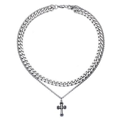 China 2020 New Hip Hop Jewelry Stainless Steel Necklace Casual/Sporty Dangling Necklace Women Retro Charm Punk Cuban Chain Cross Pendant for sale