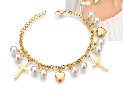 China 2020 Romantic New Latest New Stainless Steel Jewelry Gold Plated Beads Dangling Charms Statement Cross Multi Link Chain Bracelet for sale