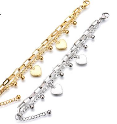 China 2020 Wholesale Romantic Stainless Steel Jewelry 18k Gold Plated Charms Multi Layered Link Chain Heart Ball Pendant Dangle Bracelet for sale