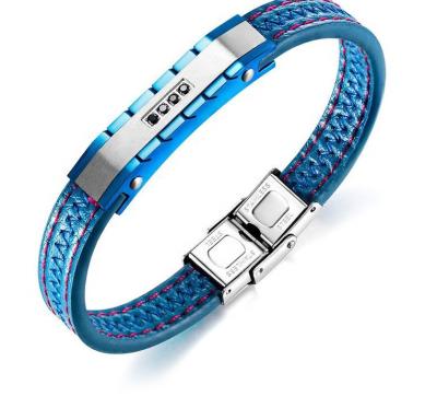 China 2020 Hot Selling Hiphop Custom Stainless Steel CubicZirconia Leather Jewelry Retro Beads Blue Titanium Bangle Bracelet Men Women for sale