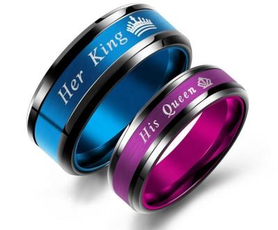 China Gorgeous Cute Stainless Steel Couple Rings Titanium Blue Purple His King His Queen Cute Band Rings Bridal Women Men Vintage Jewelry for sale