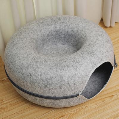 China Wholesale Factory Design Stocked New Donuts Form Round Cat Bed Chamber Funny Toy Detachable Felt Cat Cave Pet Cat Tunnel Cage for sale