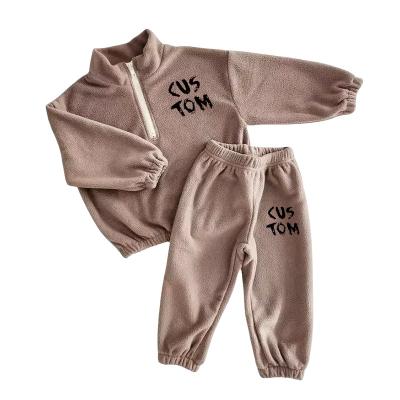 China Casual Custom Embroidery Logo Baby Clothes Winter Spring Long Sleeve Zipper Neck Polar Fleece Baby Two Pieces Tracksuit Clothing Set for sale