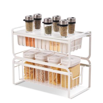 China OEM Available 2 Tiers Standing Spice Shelves Basket Rack Seasoning Spice Rack Metal Wire Spice Rack Drawer Organizer Cabinet for sale