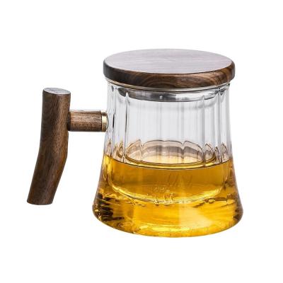 中国 Wood Handle Reusable Clear Glass Coffee Mugs borosilicate Ribbed  LHDW039 販売のため