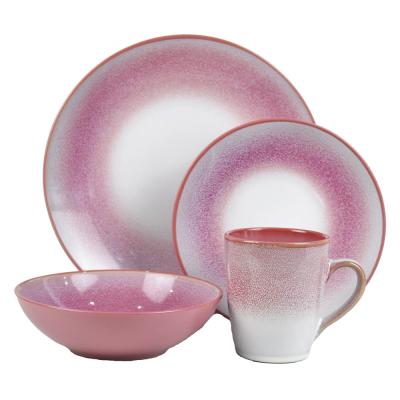 China Gradient Magenta Red Bands ReactiveGlaze Stoneware Dinnerware Dinner Set 16pcs zu verkaufen