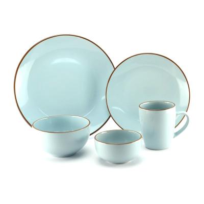 China Classic Aqua 16Piece Stoneware Dinnerware Set Gold Rim Stoneware Dinner Set New zu verkaufen