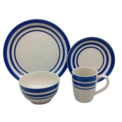 China Navy Blue Stripes 16 Piece Dinnerware Set Hand Painted Band Rim Tableware zu verkaufen