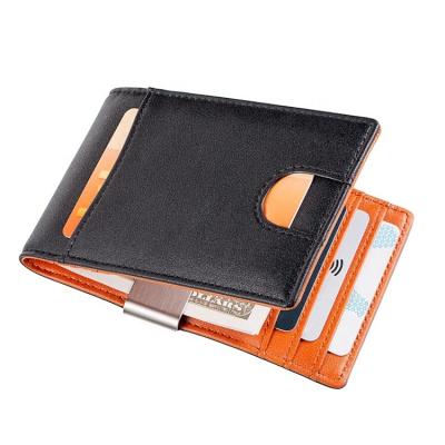 China NATIONAL Custom Logo Square Double Sided Soft Smart Money Clip RFID Men's Leather Credit Card Holder for sale