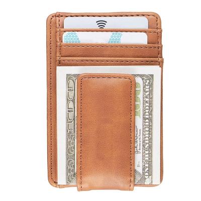 China Vintage Brown Mini Designer Custom Wallets Leather Slim RFID Blocking Men's RFID Blocking With Silver Clasp for sale