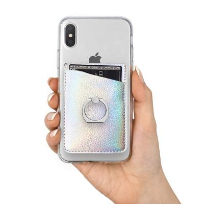 China NATIONAL wholesale 3m sticker PU silver leather mobile phone card holder with metal ring for sale