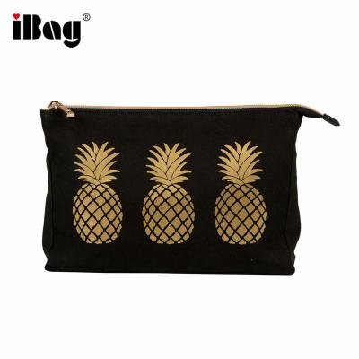 China Gold Pineapple Printed China Supplier Hot Selling Professional Gold Pineapple Wash Bag Canvas Black Cotton Cosmetic Makeup Bag for sale