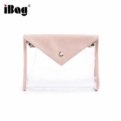 China High End Pale Pink Faux Leather and Clear Gusseted Cosmetic Bag Gusseted Pouch PVC Toiletry Bag PVC Gusseted Cosmetic Bag for sale