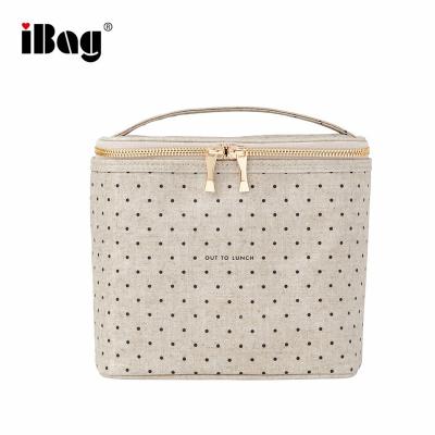 China New Design Polka Dot Coated Linen Waxed Canvas Insulated Small Cooler Bag for sale