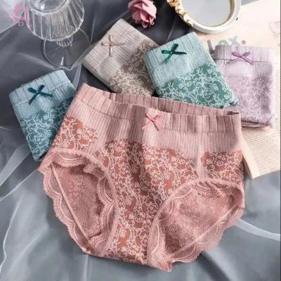 China Breathable Sexy Pure Cotton Mid Waist Panties Lace Factory Hip-Lift and Belly Shaping Women's Graphene Bow Briefs for sale