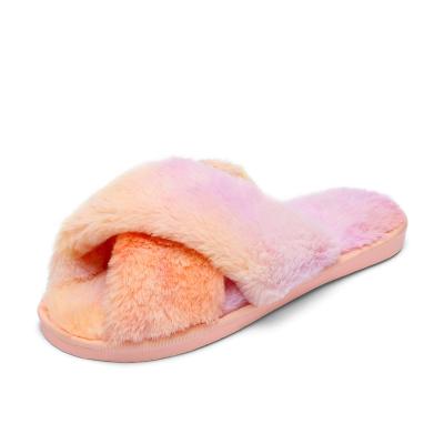 China 2020 Fashion Trend Designer Fur Slides Fluffy Slippers Winter Link Dye Plush Fur Indoor Slippers For Women Lady for sale