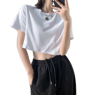 China Anti-wrinkle Solid color high-waisted exposed umbilical cord leisure loose short-sleeved T-shirt summer new cotton short ladies T-shirt for sale