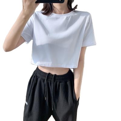 China Anti-wrinkle Summer new cotton short-sleeved T solid color high-waisted exposed umbilical cord casual loose short section ladies T-shirt for sale