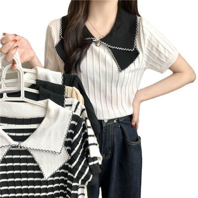 China Breathable Fashion trend striped knit short-sleeved T-shirt 2023 summer new ageing sweet foreign-style tops ladies T-shirt for sale