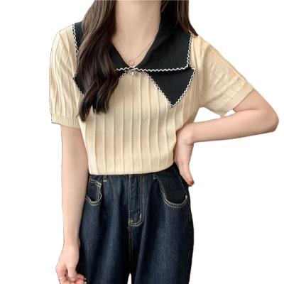 China Breathable 2023 summer new knitted short-sleeved T-shirt female fashion trend blouse ageing sweet foreign-style lapel ladies T-shirt for sale