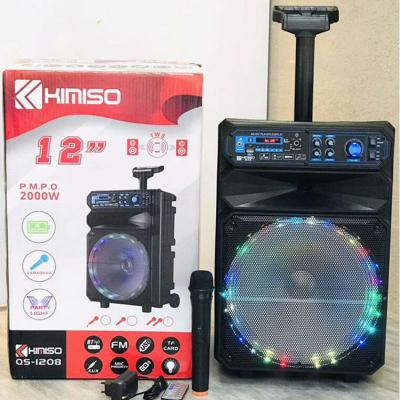 China LED Flashing Light Kimiso12 Inch BT Speaker QS-1208 With LED Color Light Outdoor Speaker And Microphone Wireless Karaoke Cart for sale