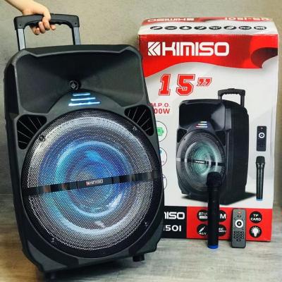 China LED Flashing Light Kimiso15 Inch BT Speaker QS-1501 With LED Color Light Outdoor Speaker And Microphone Wireless Karaoke Cart for sale