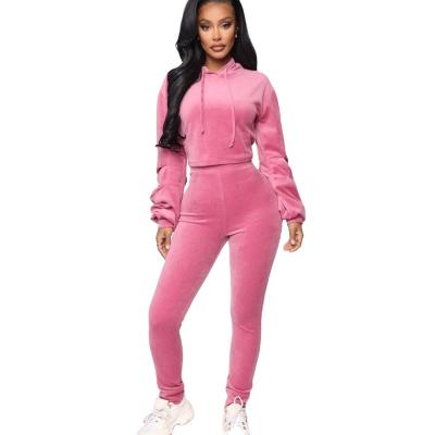 China 2021 Custom Women's Tracksuits Hooded Crop Top QUICK DRY Velor Top Slim Fit Pants Two Pieces Velor Sets for sale