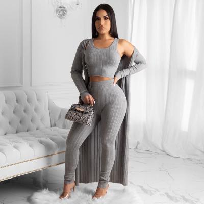 China Boutique apparel breathable knitted crop top cardigan 2021 along three piece sets fall clothing for women for sale