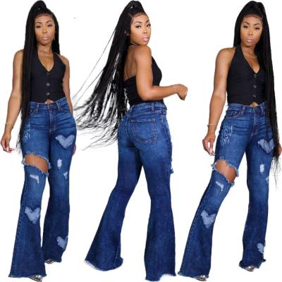 China 2021 Autumn slim fit anti-pilling hole Bell-based contrast color skinny denim women plus size jeans pants for sale