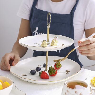 China Stocked two double-layer ceramic wooden handle afternoon tea dessert candy dishes for sale