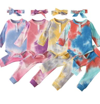 China New Design 8colors Cotton Infant Romper Clothing Pit Pant Babies Casual Tie Dye Full Fall Outfits Sets With Headband for sale