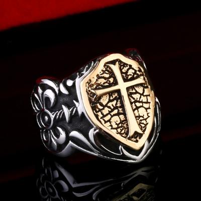 China Tarnish Free Style New Stainless Steel Inlaid Copper Cross Shield Rings Vintage Personality Mens Punk Ring for sale