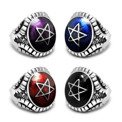 China Tarnish Free Epoxy Five-pointed Star Rock Stainless Steel Vintage Biker Mens Punk Rings for sale