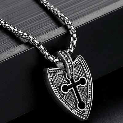 China New Custom Lead Free Nickel Free Stainless Steel Shield Pendants Necklaces Trendy Hip Hop Vintage Cross Jewelry for sale