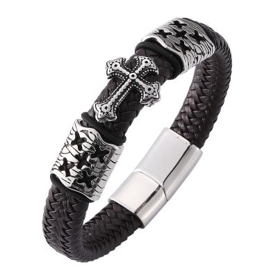 China 2022 Unique Design Lead Free Nickel Free Vintage Cross Men's Handmade Stainless Steel Leather Bracelet for sale