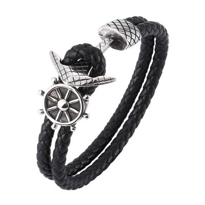 China Fashionable Custom Men's Vintage Rudder Bracelet Anchor Lead Free Nickel Free Wholesale Stainless Steel Leather Bracelet for sale