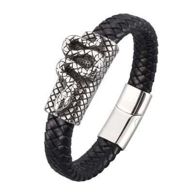 China New Design Lead Free Nickel Free Bangle Leather Wrap Braided Snake Men's Fashionable Stainless Steel Charm Bracelet for sale