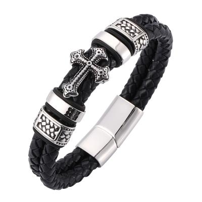 China Luxury Multicolor Stainless Steel Cross Men's Vintage Lead Free Nickel Free Wholesale Design Leather Bracelet for sale