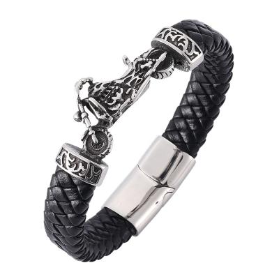 China New Design Fashionable Men's Stainless Steel Leather Bracelet Lead Nickel Free With Magnetic Clasp Motorcycle Wristband for sale