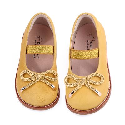 China Elastic Ballet Girls' PU Flat Bottom Hard Bottom Brown Bow Elegant Children's Shoe for sale