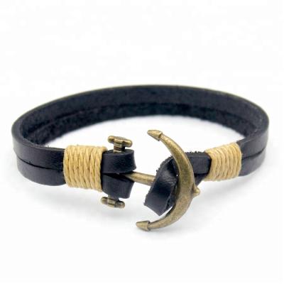 China Factory Price Manufacture Casual/Sporting Classic Anchor Men's Bracelet Hook Double-Layer Outdoor Sports Leather Woven Wristbands Wholesale for sale