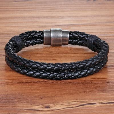 China CLASSIC Classic Retro Men's Magnetic Buckle Bracelet 5 Double-Layer Handwoven Leather Bracelet Hand-Woven Choice Colors for sale