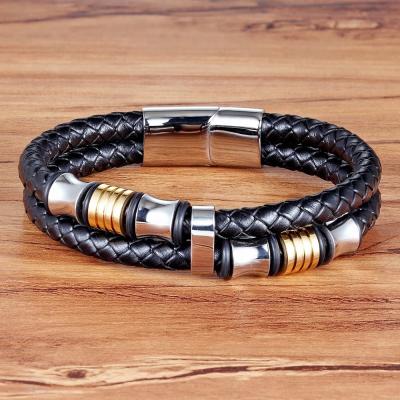 China 2021 New Arrival Cute Hot Selling Genuine Both Layers Leather Beaded Magnetic Bracelet Stainless Steel Bracelet For Men for sale