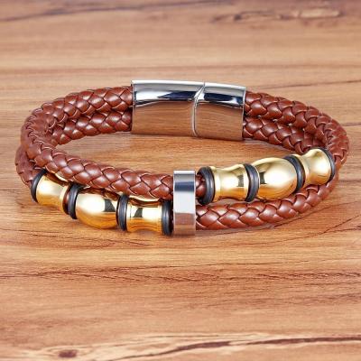 China Fashion stainless steel bracelet double layer magnetic buckle genuine leather punk punk special gift for men factory price for sale