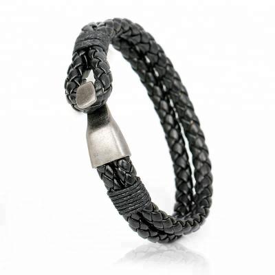 China CLASSIC Cheap Wholesale Men Fashion Jewelry Hook Leather Wrap Bracelet Male Two-Ring Handmade Leather Bracelet for sale