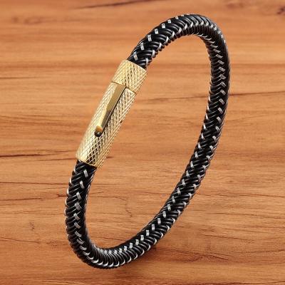 China FASHIONABLE Punk Metal Threaded Weaving Bracelet For Black Leather Bracelet Charm Mens Stainless Steel Link Jewelry High Quality Gift for sale