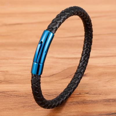 China Blue Clasp Men's CLASSIC DIY Style Classic Bangle Stainless Steel Leather Bracelet Custom Size For Birthday Gift Wholesale for sale